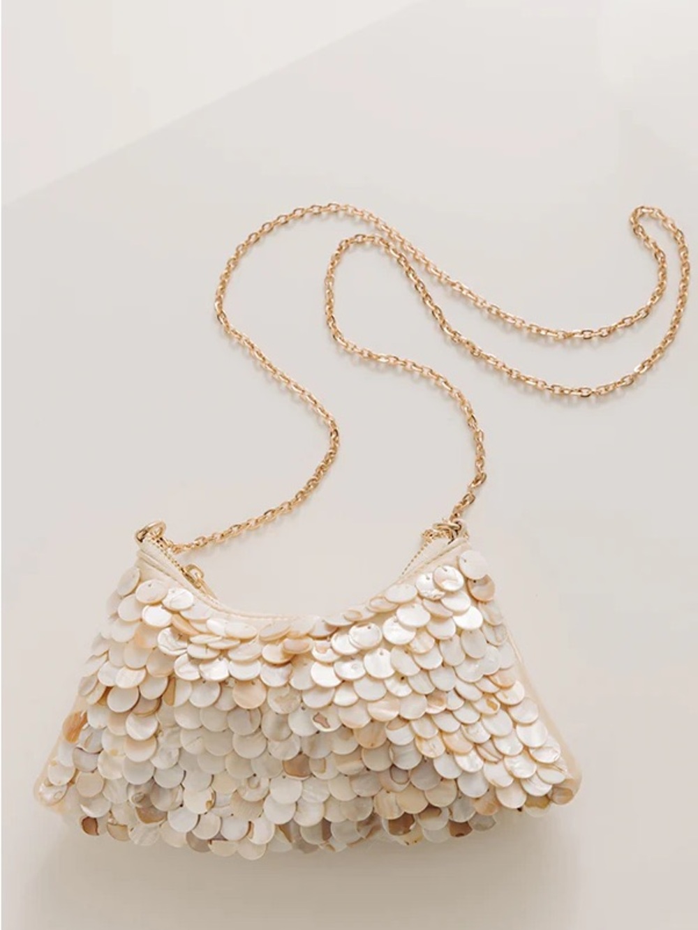 Ivory Sequin Crossbody Bag with Gold Chain Strap -Opalite Mother of Pearl bag